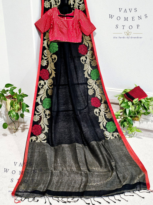 Black Linen by Linen Jamdani border saree - Sequins Blouse