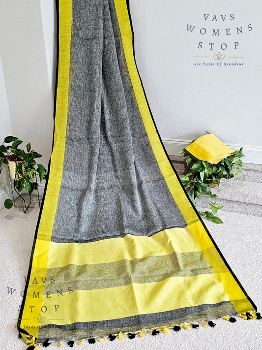 Gray and Black Combination Linen by Linen Saree - Blouse