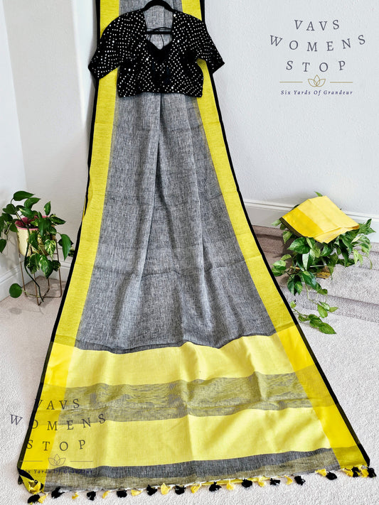Gray and Black Combination Linen by Linen Saree - Blouse