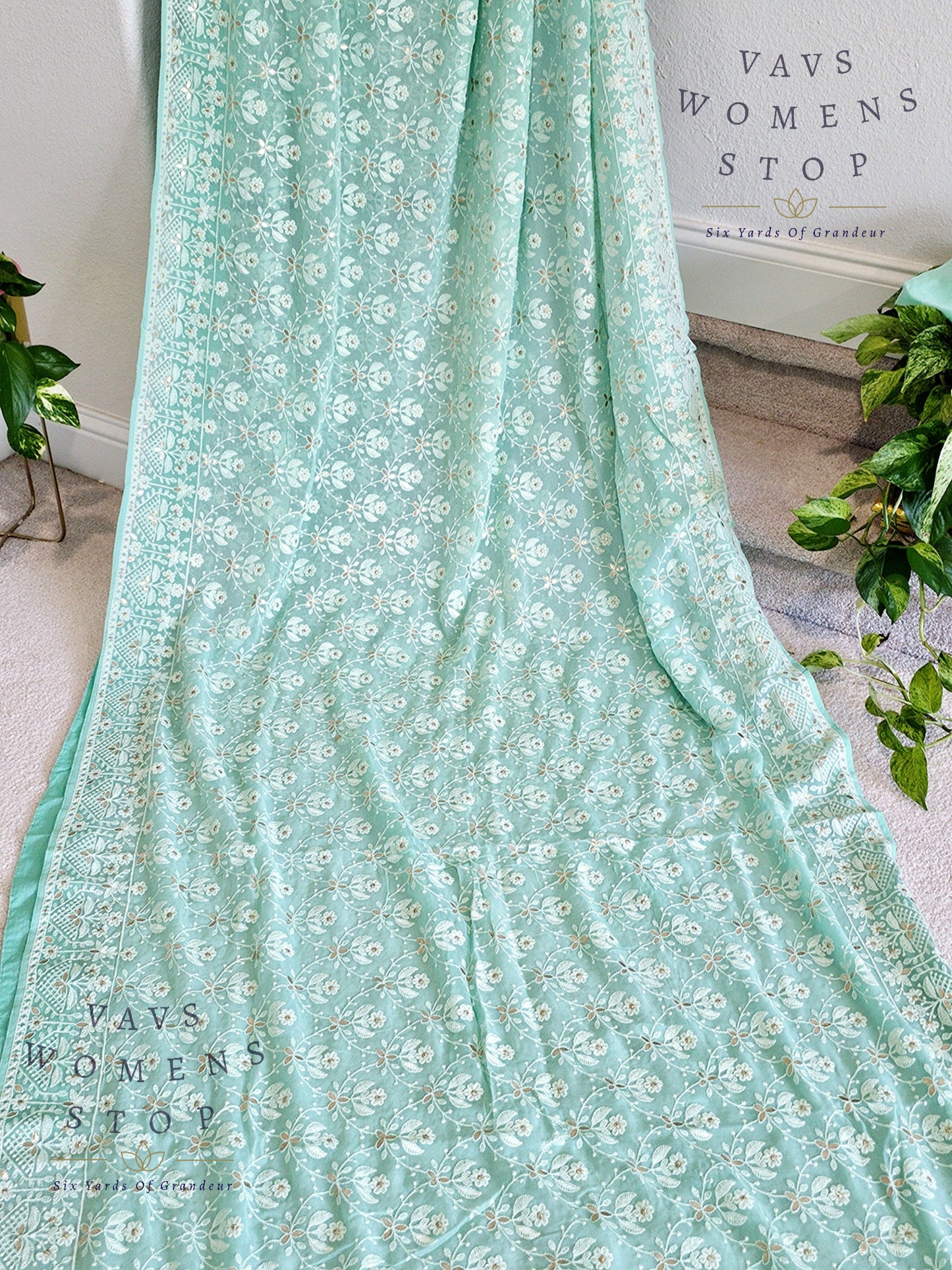 Pure Viscose Chikankari Georgette Gotta Patti Work Embroidery Saree