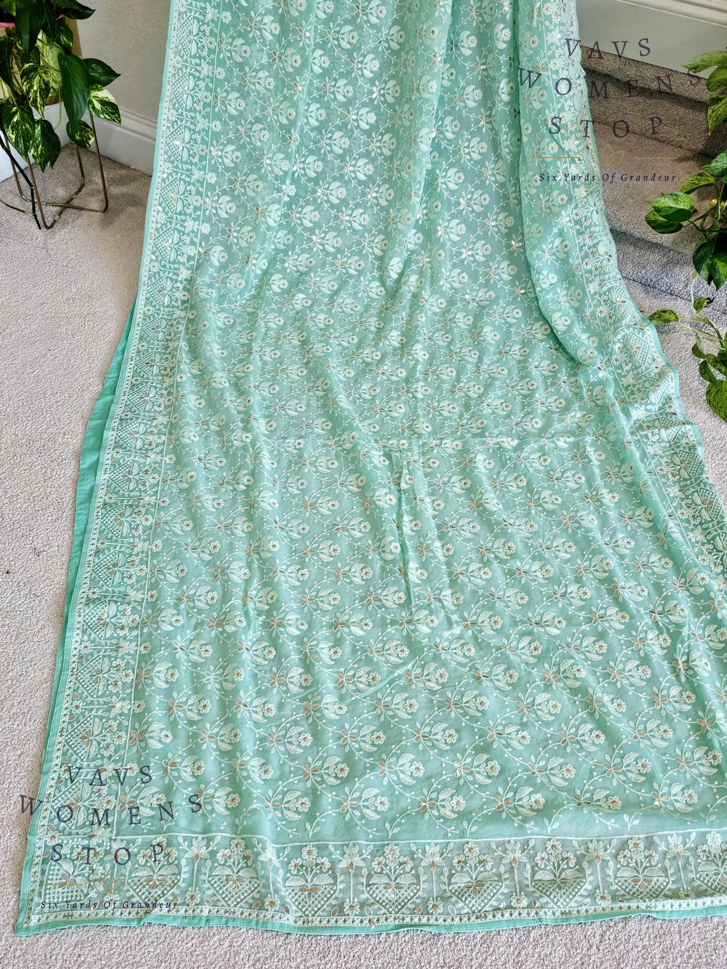 Pure Viscose Chikankari Georgette Gotta Patti Work Embroidery Saree