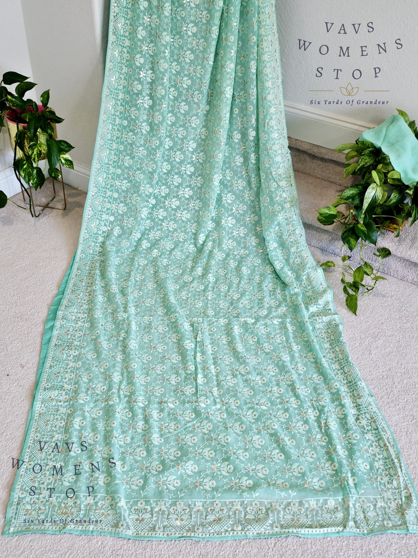 Pure Viscose Chikankari Georgette Gotta Patti Work Embroidery Saree