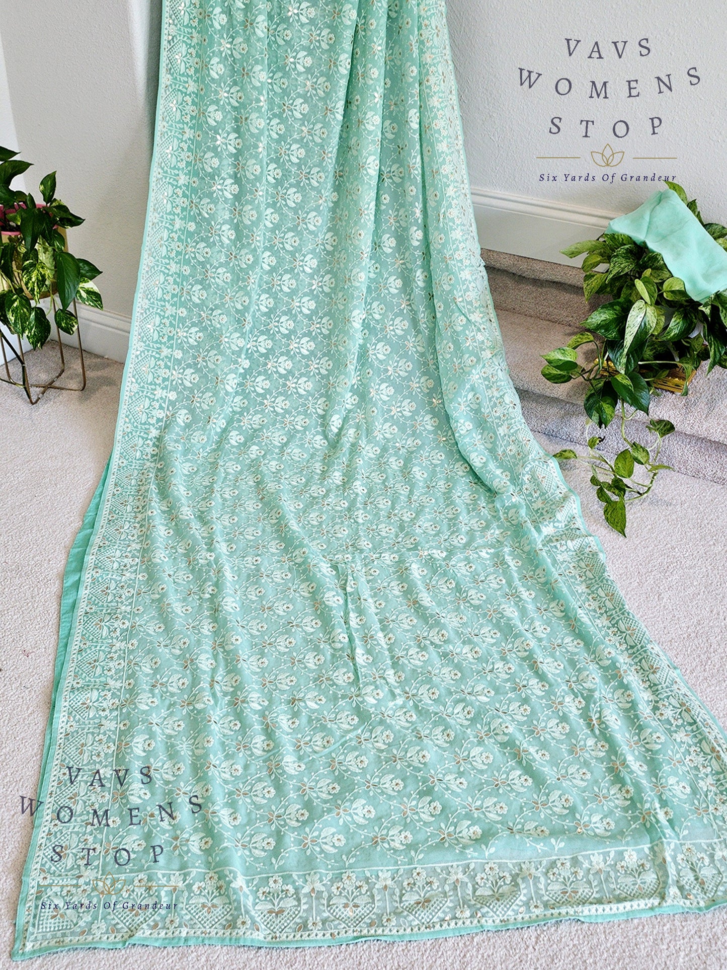 Pure Viscose Chikankari Georgette Gotta Patti Work Embroidery Saree