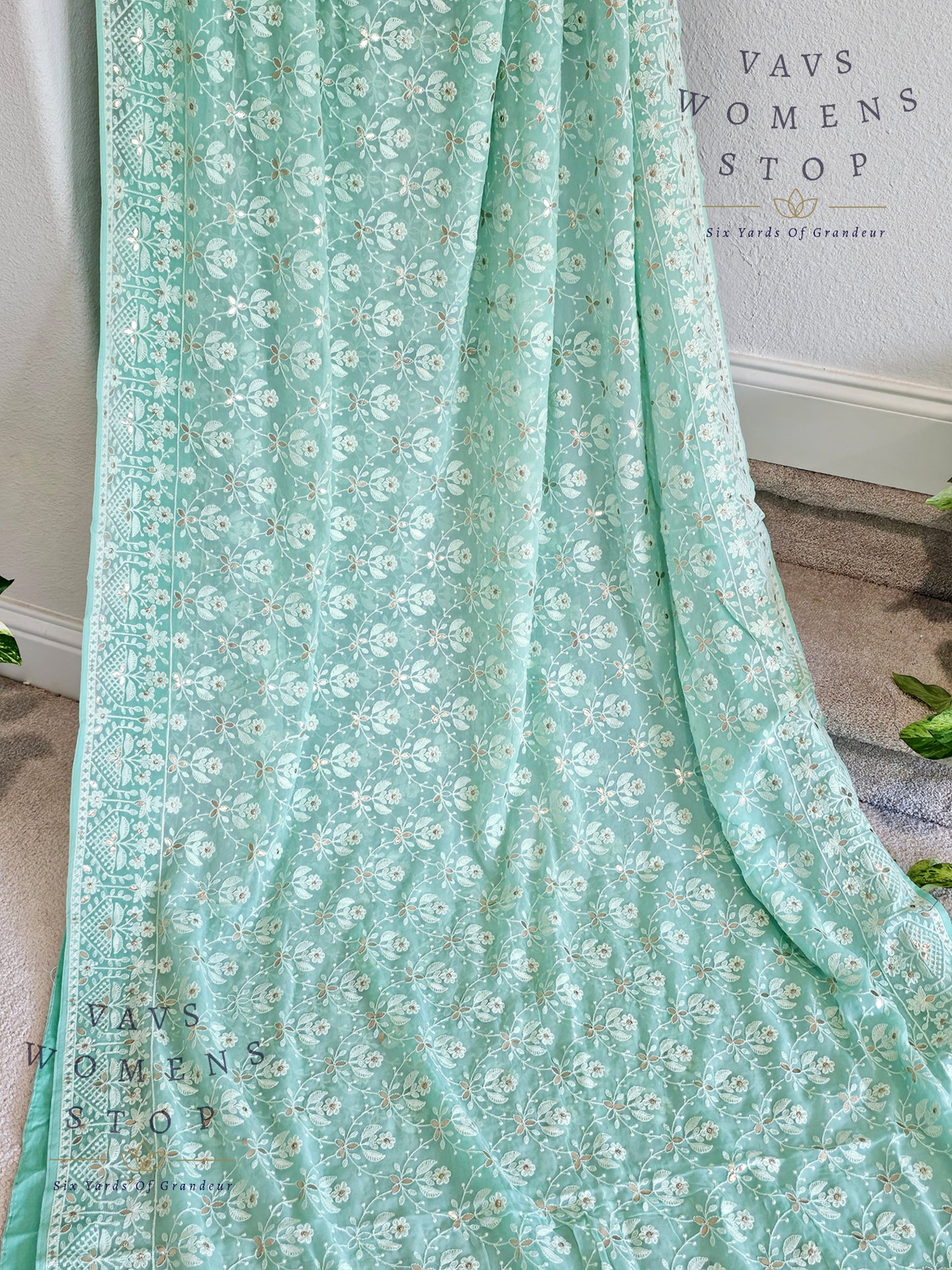 Pure Viscose Chikankari Georgette Gotta Patti Work Embroidery Saree