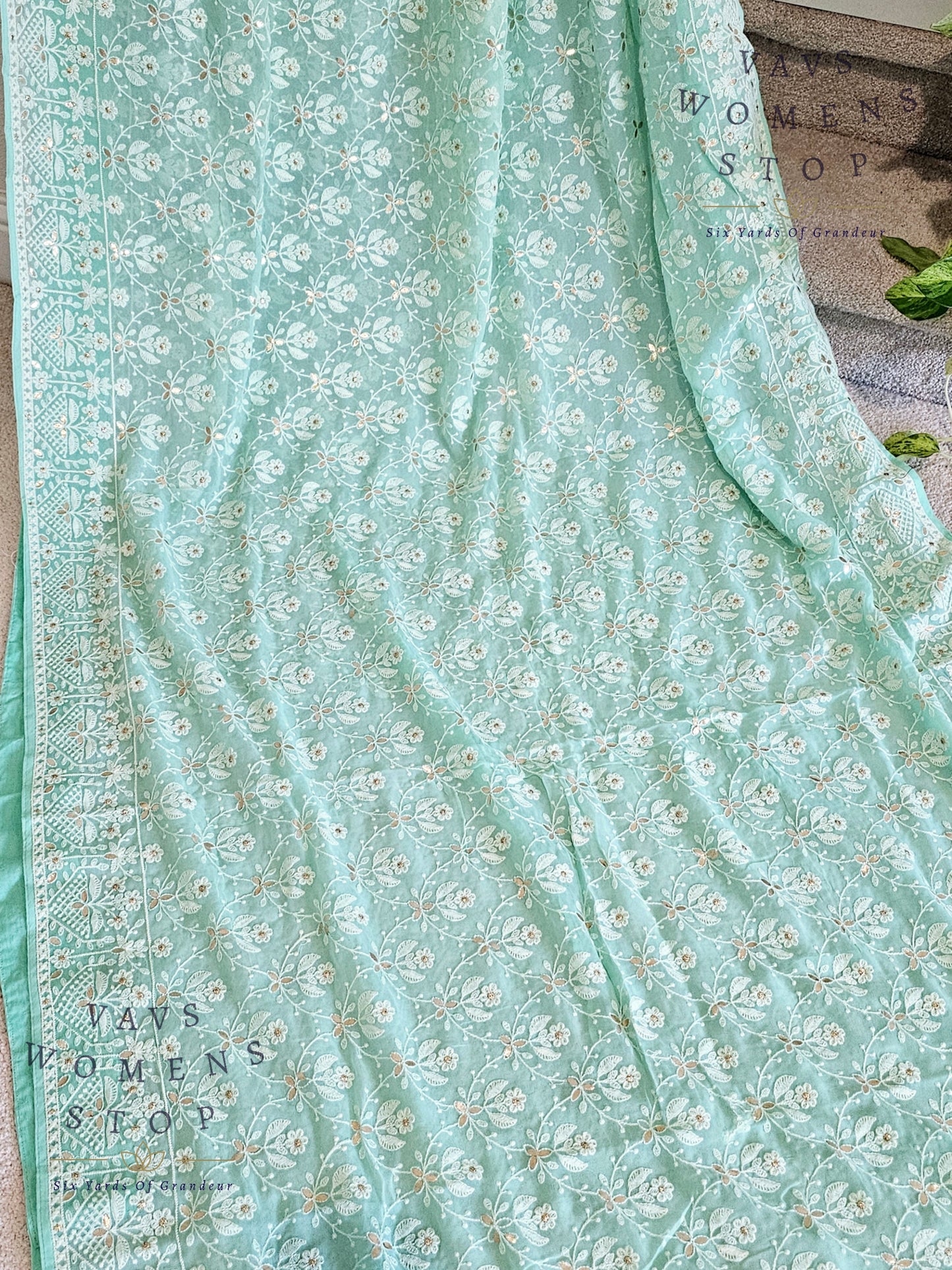 Pure Viscose Chikankari Georgette Gotta Patti Work Embroidery Saree