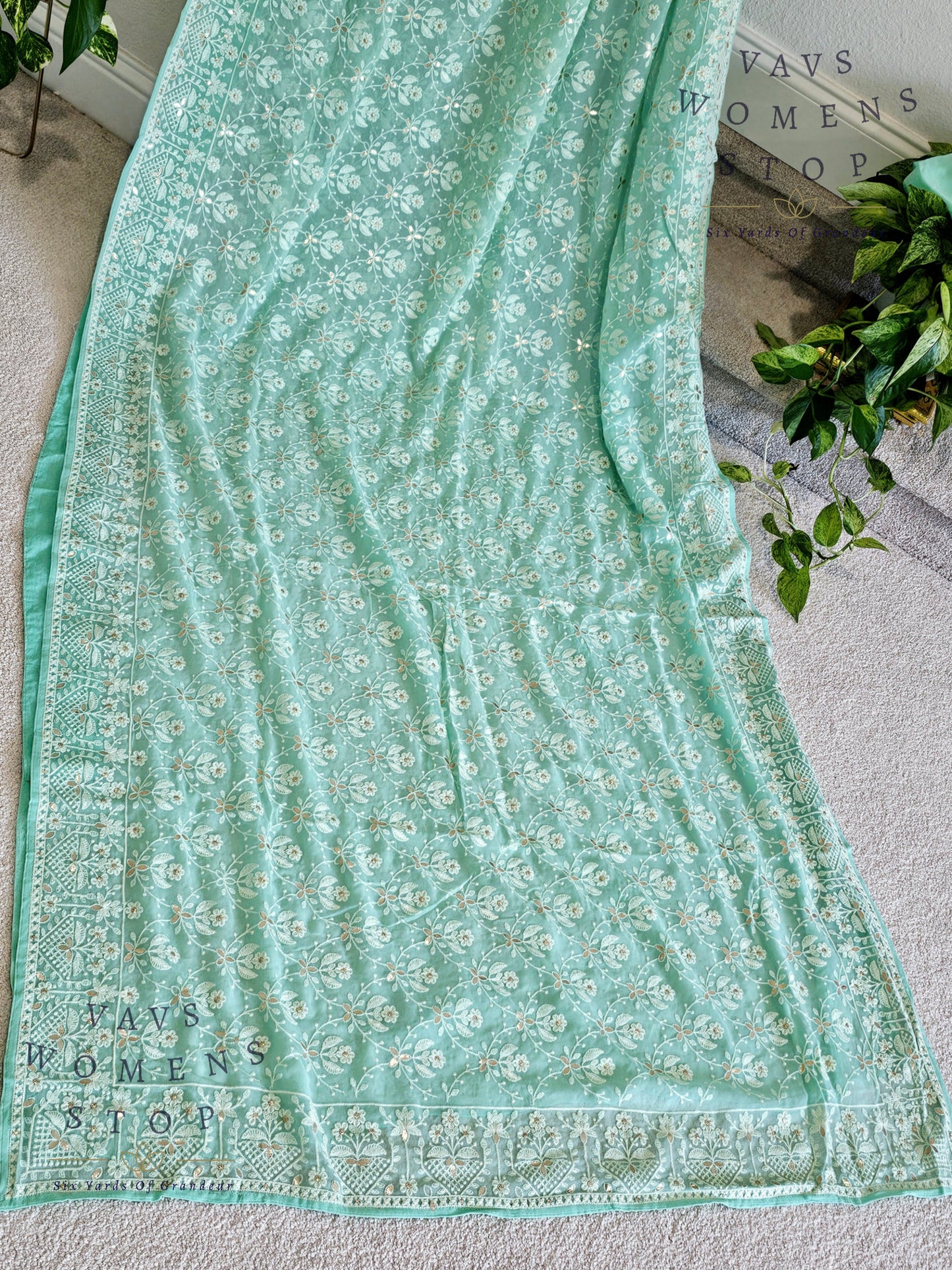 Pure Viscose Chikankari Georgette Gotta Patti Work Embroidery Saree