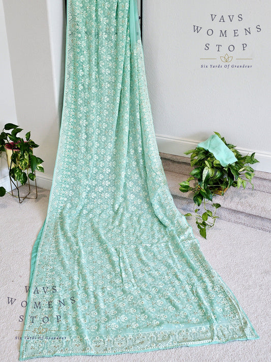 Pure Viscose Chikankari Georgette Gotta Patti Work Embroidery Saree