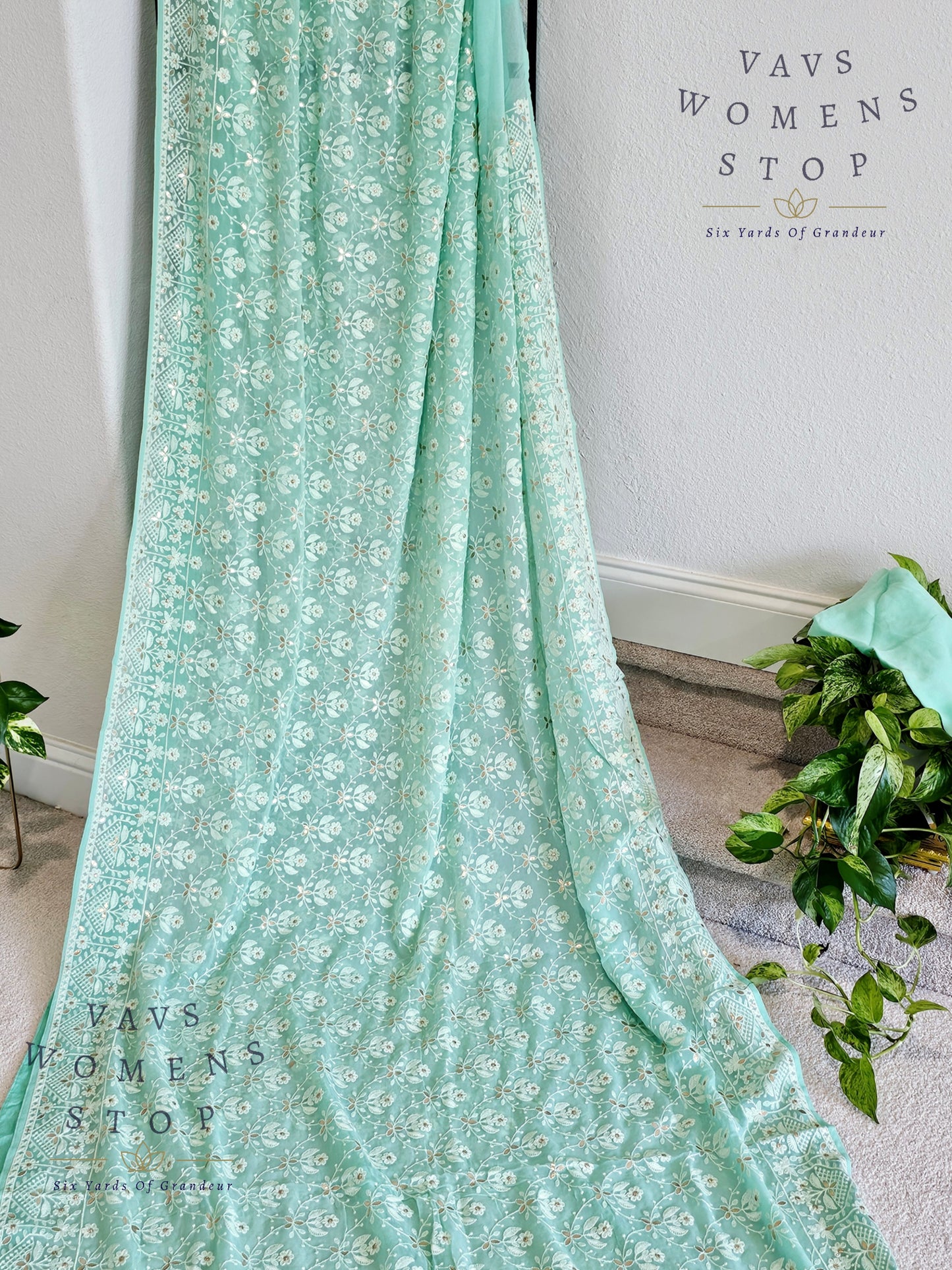 Pure Viscose Chikankari Georgette Gotta Patti Work Embroidery Saree