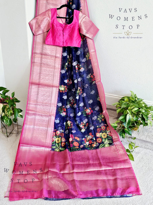 Fancy Floral Prints Soft Warm Organza Silk Saree - Blouse
