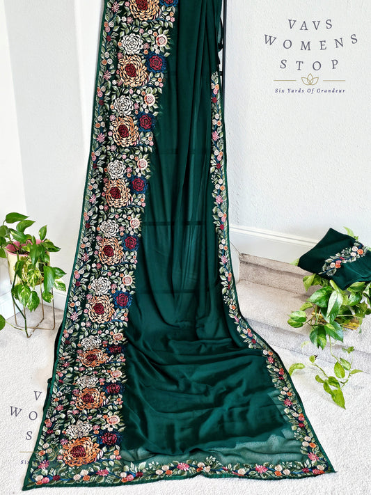 Pure Viscose Georgette Parsi Gara Machine Embroidery Saree 