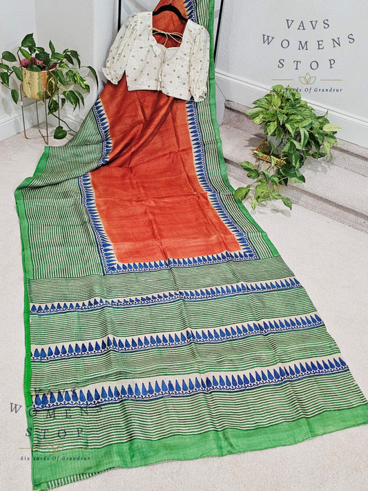 Pure Tussar Handblock Print Saree - Chinon Chiffon Designer Blouse