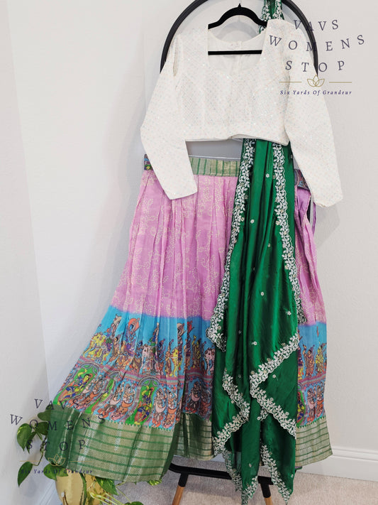 Mangalagiri Pattu Silk Cotton Digital Print Half Saree Set