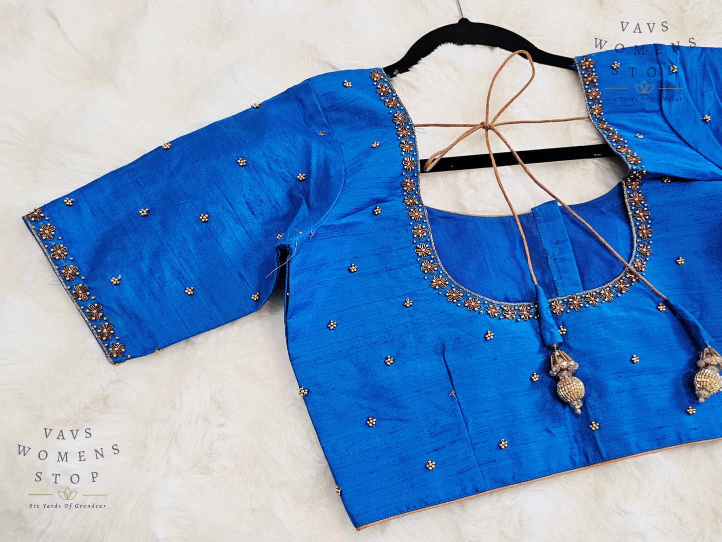 Blue Raw Silk Maggam Embroidery Blouse with Elbow Sleeves – USA Ready to Ship”

“Designer Blue Raw Silk Blouse Front Opening – Wedding & Party Wear USA”