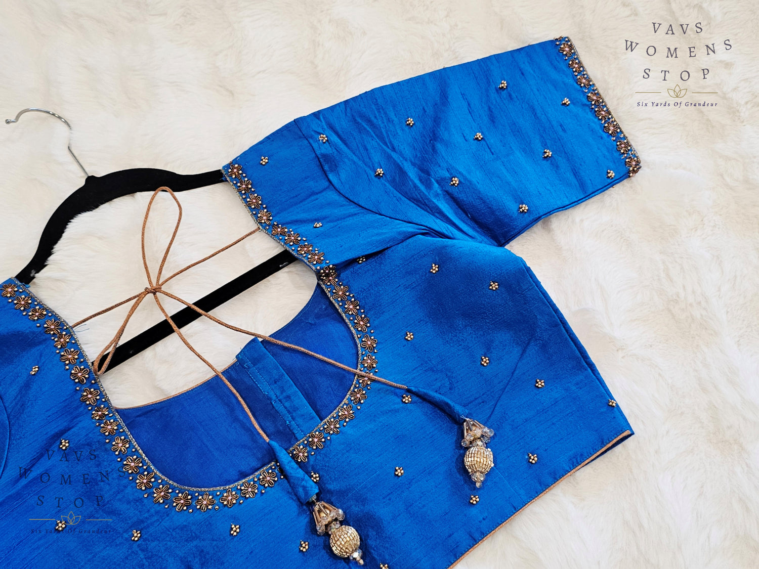 Blue Raw Silk Maggam Embroidery Blouse with Elbow Sleeves – USA Ready to Ship”

“Designer Blue Raw Silk Blouse Front Opening – Wedding & Party Wear USA”