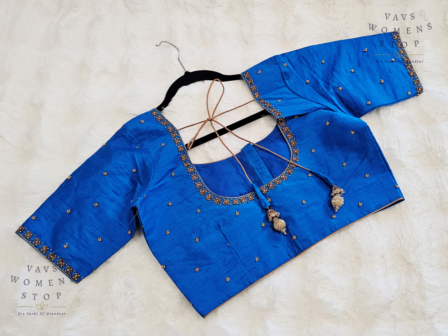 Blue Raw Silk Maggam Embroidery Blouse with Elbow Sleeves – USA Ready to Ship”

“Designer Blue Raw Silk Blouse Front Opening – Wedding & Party Wear USA”
