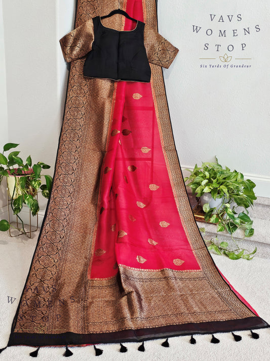 Red and Black Color Combo Pure Organza Saree - Blouse