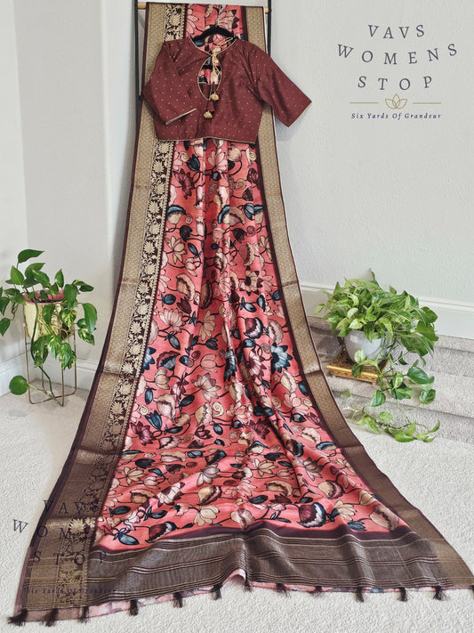 Kalamkari Print Semi Benarasi Soft Dola Silk Saree - Blouse