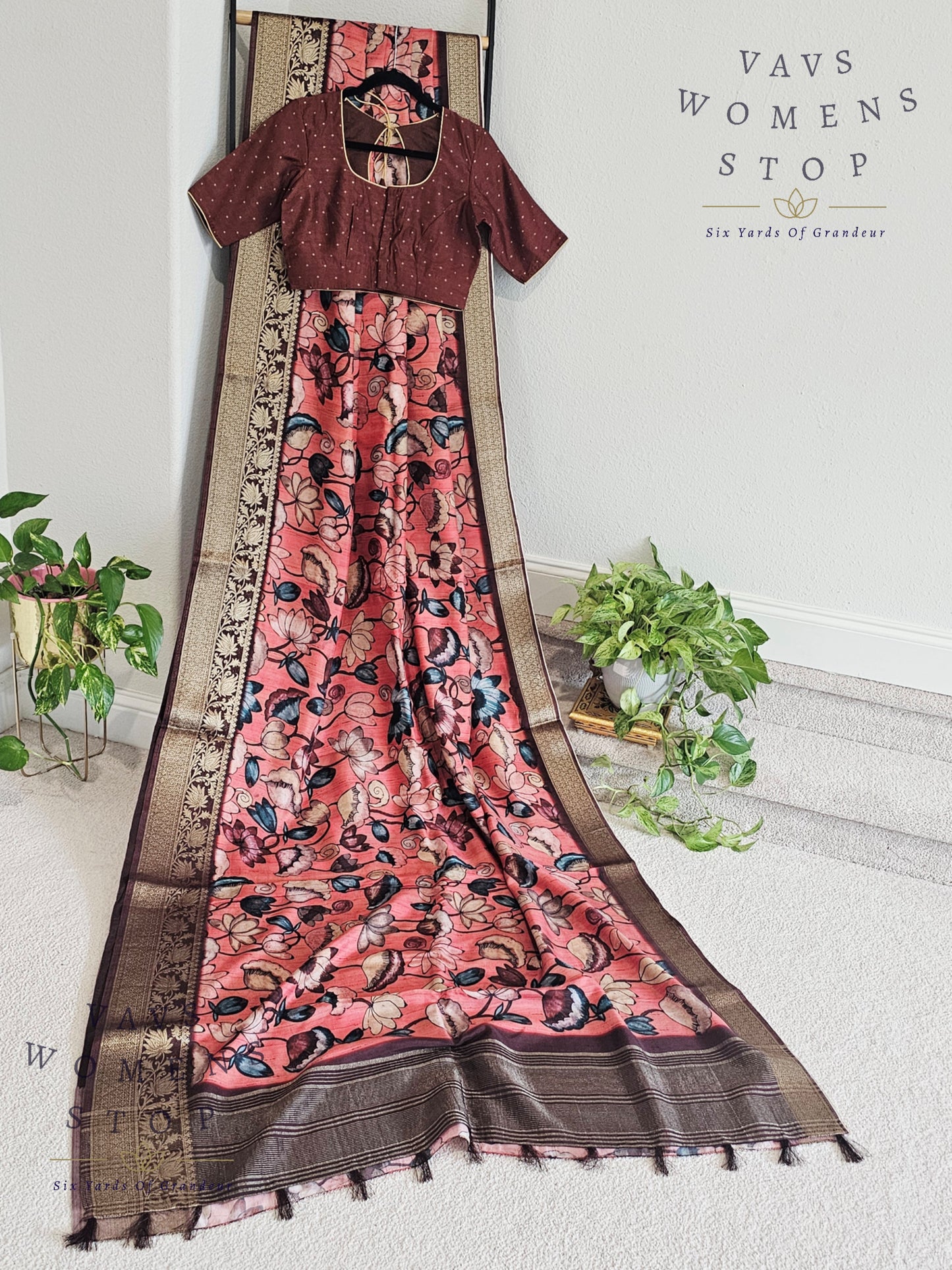 Kalamkari Print Semi Benarasi Soft Dola Silk Saree - Blouse
