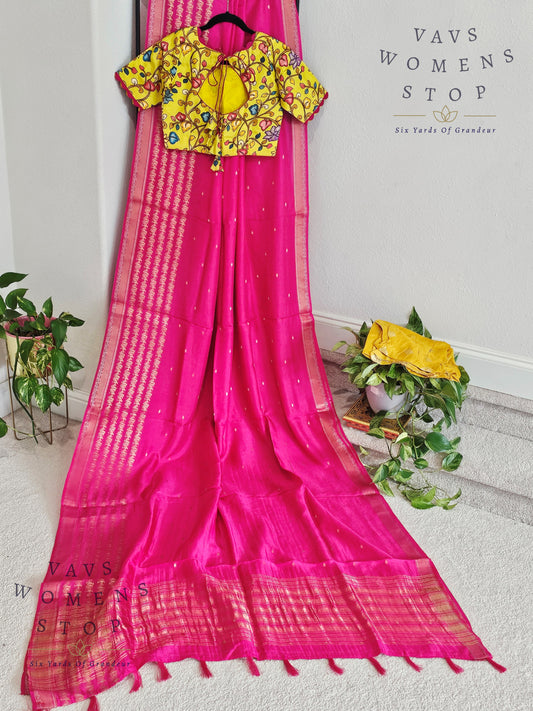 Pink Shade Dola Silk Saree - Kalamkari Silk Blouse