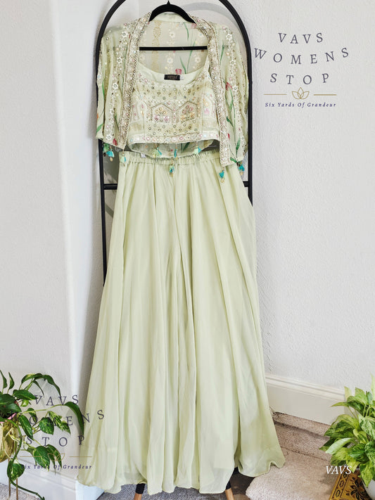 Readymade Partywear 3 Piece Set Overcoat Blouse Palazzo Pant - L