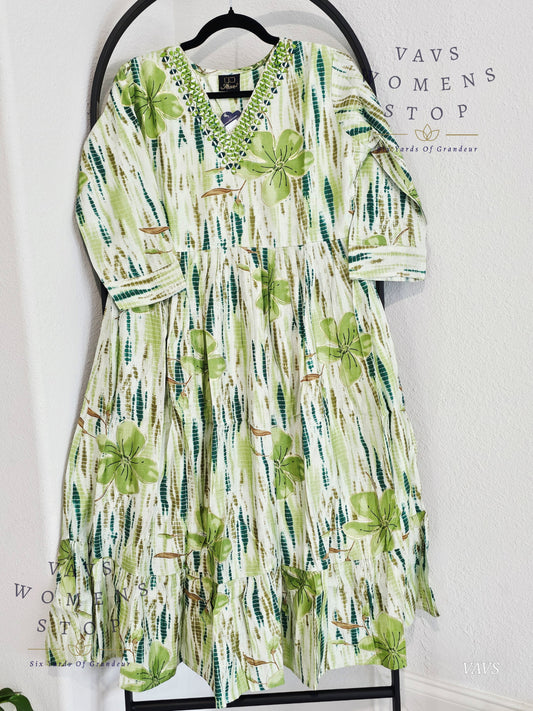 Soft Shibori Floral Print Silk Cotton Kurthi/Frock - L