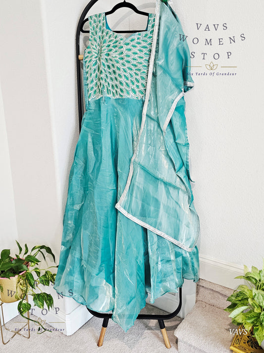 Readymade Glass Tissue Peacock Machine Embroider Designer Long Frock Duppata - L