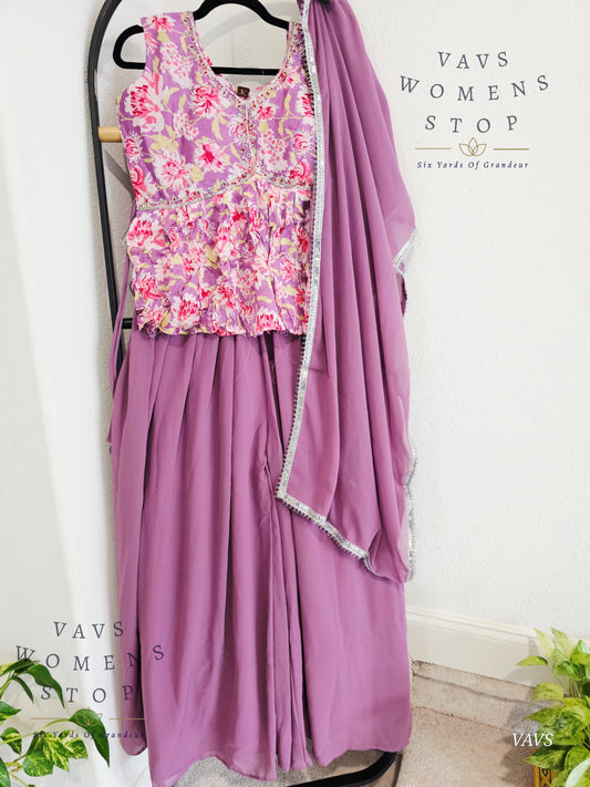 Readymade Partywear 3 Piece Set Croptop Blouse Palazzo Pant Dupatta - L