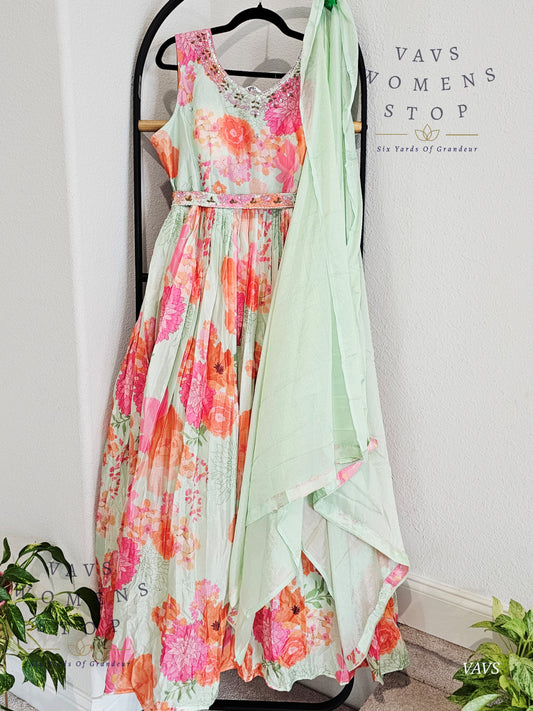 Readymade Chinon Silk Floral Print Partywear Dress Long Frock 3 Piece Set - XXL