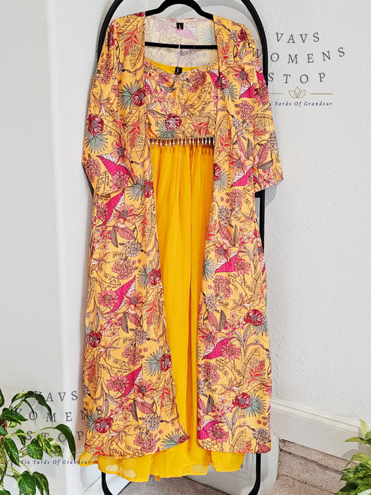 Readymade Partywear 3 Piece Set Overcoat Blouse Palazzo Pant - L