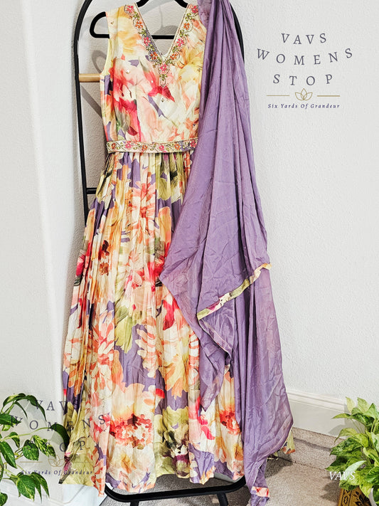 Readymade Chinon Silk Floral Print Partywear Dress Long Frock 3 Piece Set - XXL