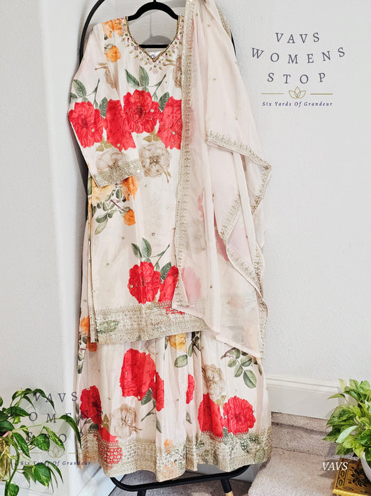 Readymade Partywear 3 Piece Set Kurta Palazzo Duppata Set - XL