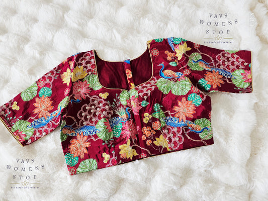 Designer Crepe Silk Wine Shade Kalamkari Blouse