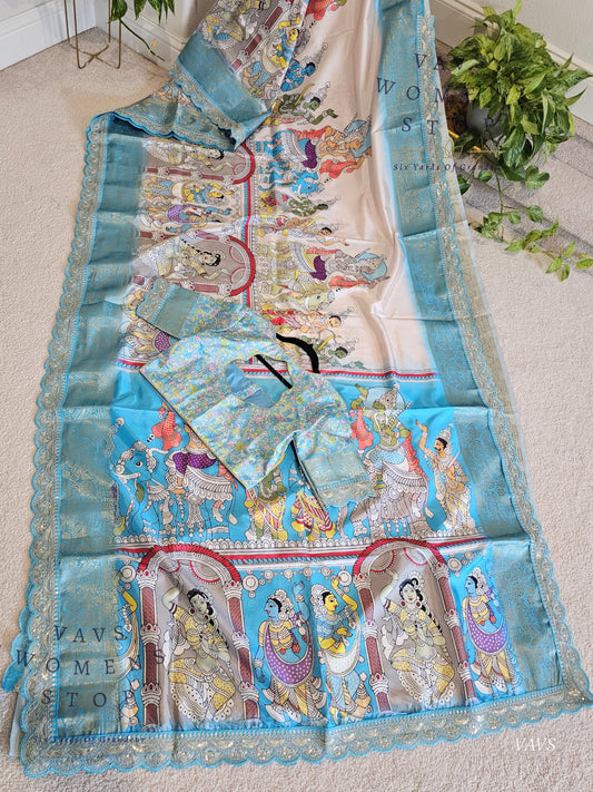 Semi Banarasi Silk Saree with Kalamkari Print & Attached Border – Elegant Designer Saree with Blouse | Festive & Party Wear