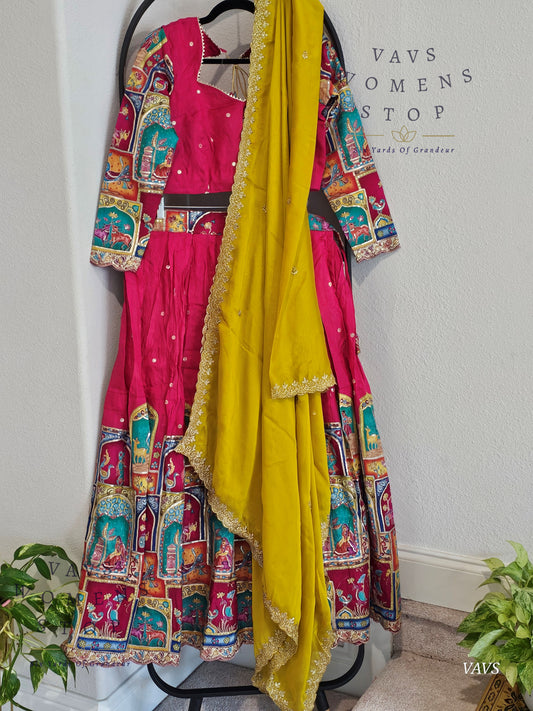 Village Theme Motif Embroidered Magenta Pink Half Saree Set – Munga Benarasi Crepe Silk Lehenga for Weddings & Festive Celebrations | Ready to Ship USA