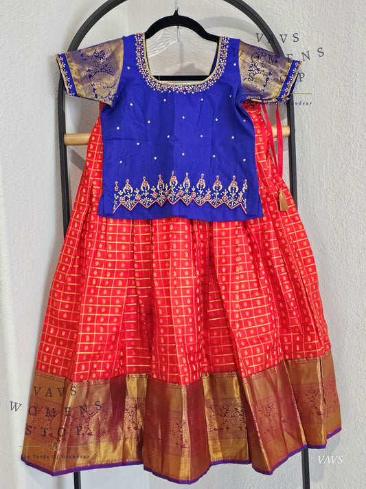 Pure Kanchi Pattu Silk Lehenga Set for Girls – Traditional Pavadai for Ages 5 to 6 | Ready to Ship from USA