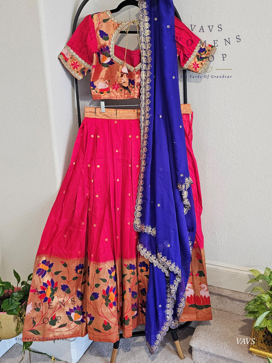 Semi Benarasi Paithani Half Saree Set – Pink Paithani Lehenga for Women - VAVS WOMENS STOP
