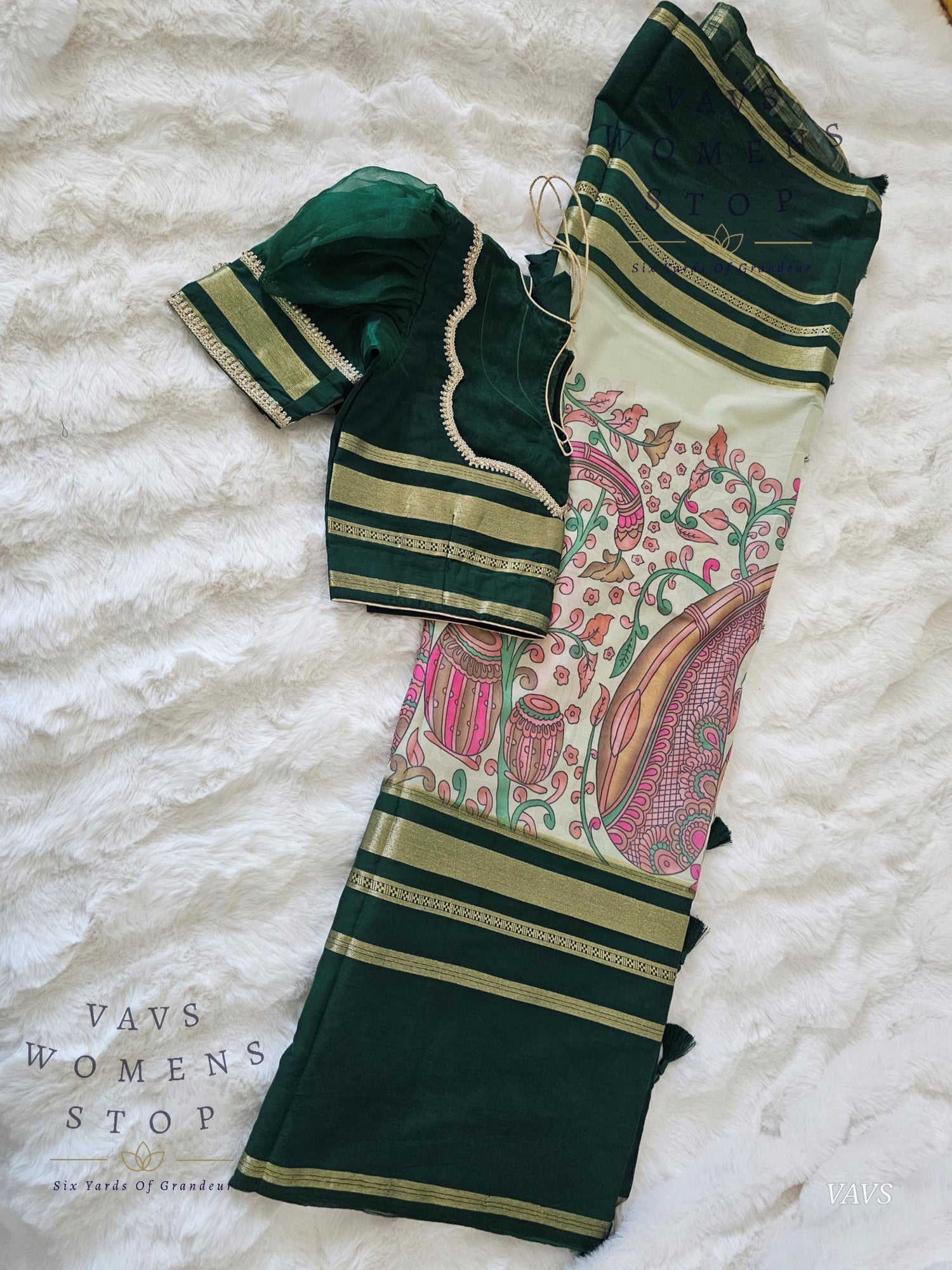 Semi Mysore Crepe Silk Saree with Kalamkari Print & Contrast Borders – Trending Designer Saree with Blouse | Elegant Indian Wear
