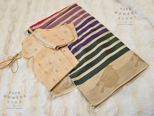 Soft Fancy Crepe Designer Saree – Premium Lightweight Beige Shade Multistripe with Parrot Green Border | Stitched Blouse | Ready to Ship from Texas USA