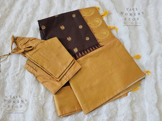 Unique Brown Semi Gadwal Silk Saree with California Peach Shade Border | Stitched Blouse | Traditional Festive Wear | Ready to Ship USA - VAVS WOMENS STOP