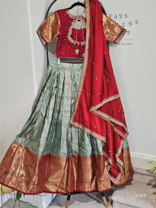 Sea Green Semi Kanchi Half Saree Set – Traditional South Indian Lehenga for Women | Bridal & Festive Wear | Ready to Ship