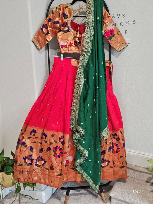 Semi Benarasi Paithani Half Saree Set – Red Paithani Lehenga for Women