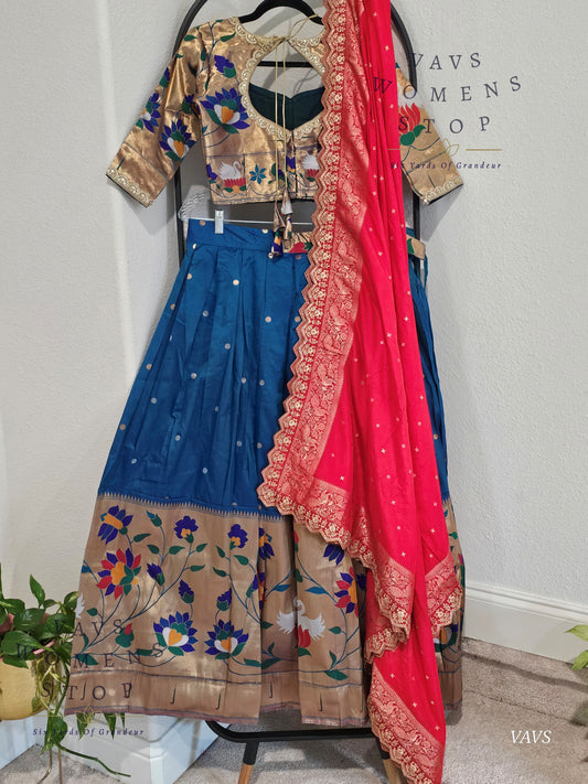 Semi Benarasi Paithani Half Saree Set – Peacock Blue Lehenga for Women