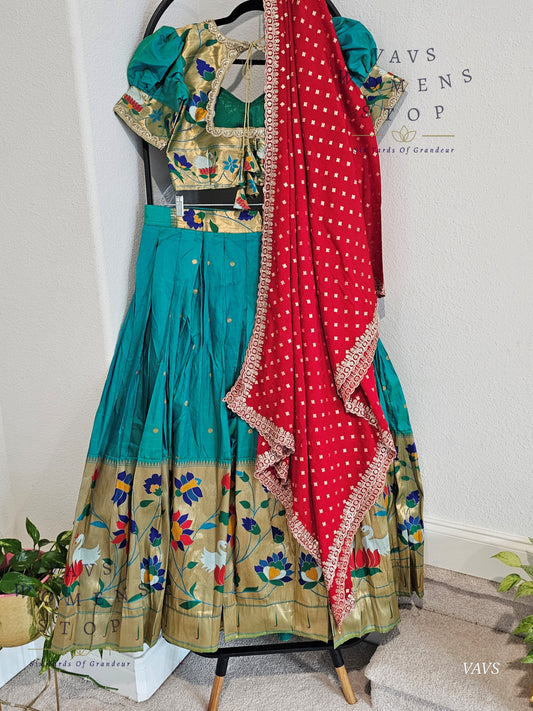 Semi Benarasi Paithani Half Saree Set – Teal Green Lehenga for Women