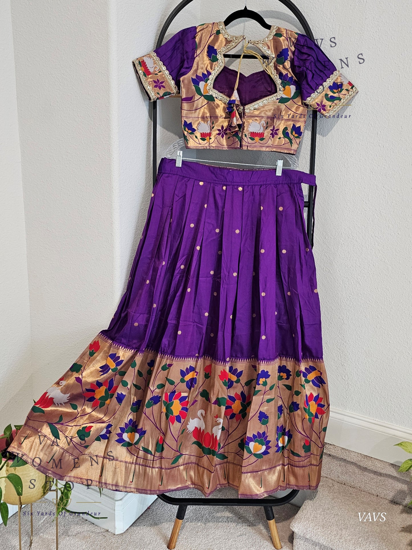 Purple Semi Benarasi Paithani Half Saree Lehenga Set Paired With Yellow Munga Silk Dupatta
