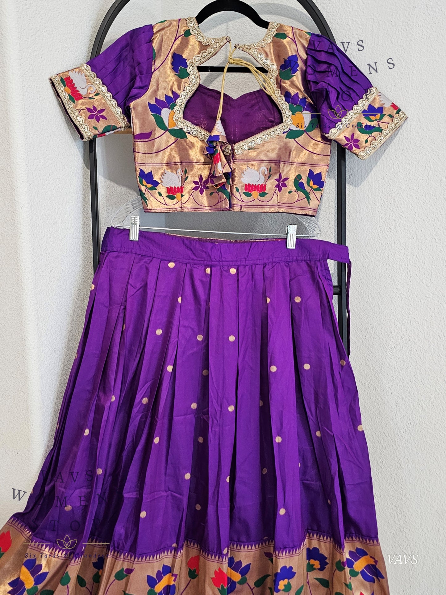 Purple Semi Benarasi Paithani Half Saree Lehenga Set Paired With Yellow Munga Silk Dupatta