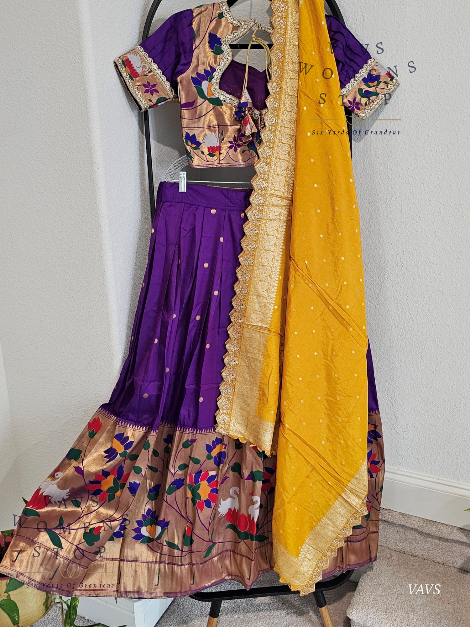 Purple Semi Benarasi Paithani Half Saree Lehenga Set Paired With Yellow Munga Silk Dupatta