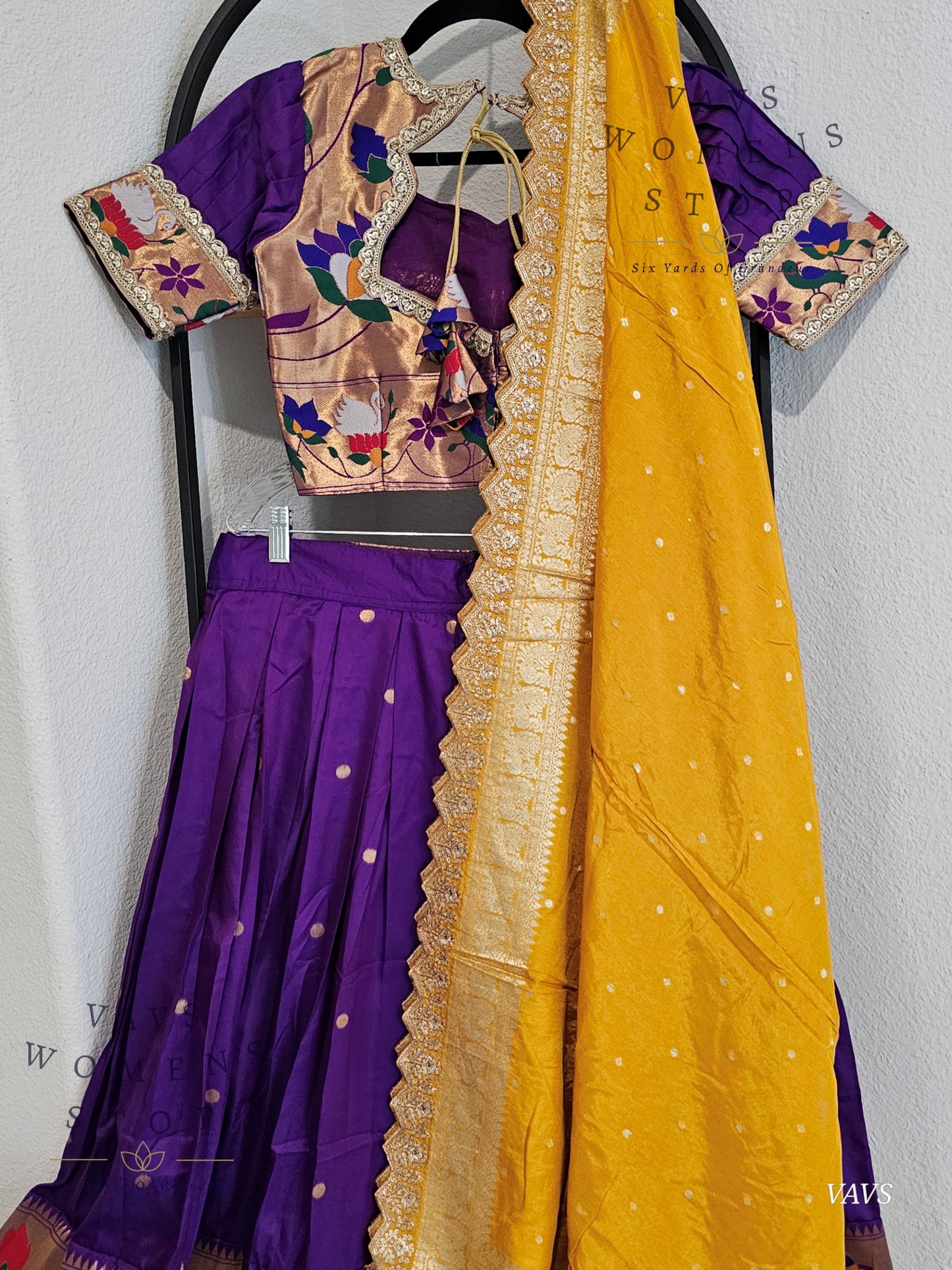 Purple Semi Benarasi Paithani Half Saree Lehenga Set Paired With Yellow Munga Silk Dupatta