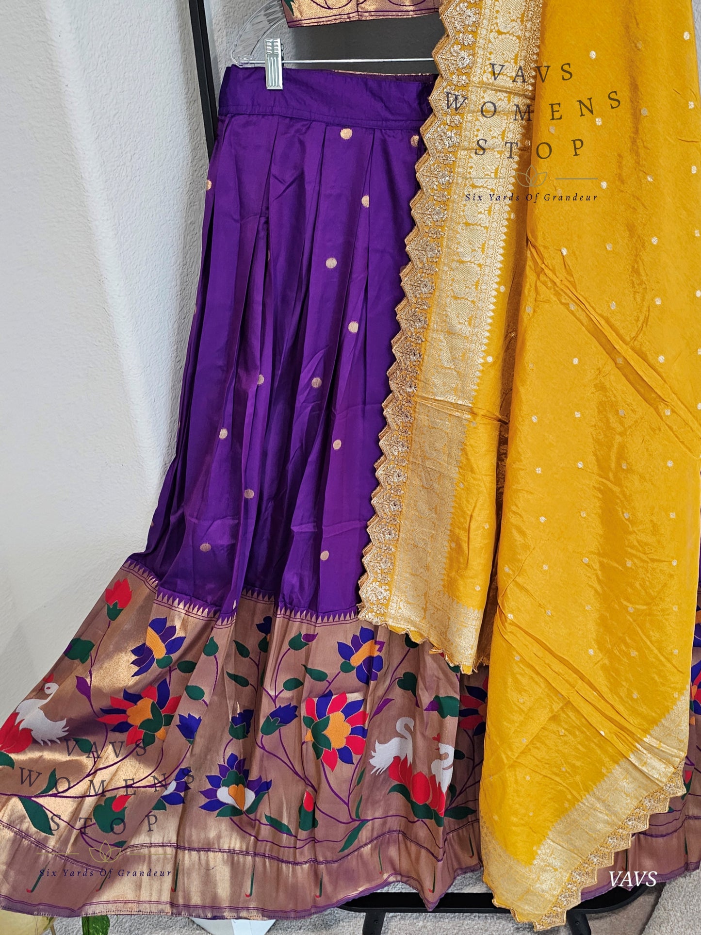 Purple Semi Benarasi Paithani Half Saree Lehenga Set Paired With Yellow Munga Silk Dupatta