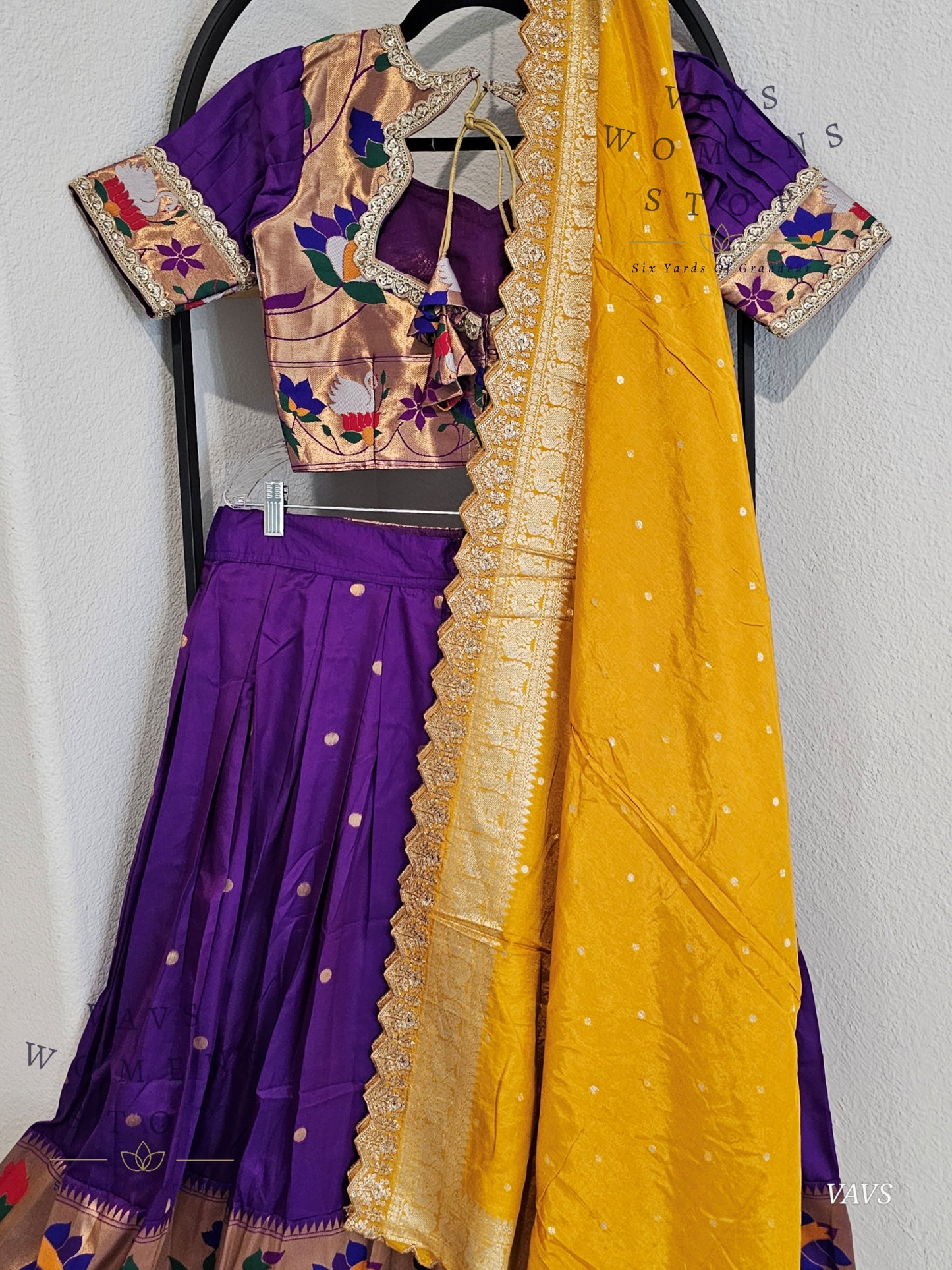 Purple Semi Benarasi Paithani Half Saree Lehenga Set Paired With Yellow Munga Silk Dupatta