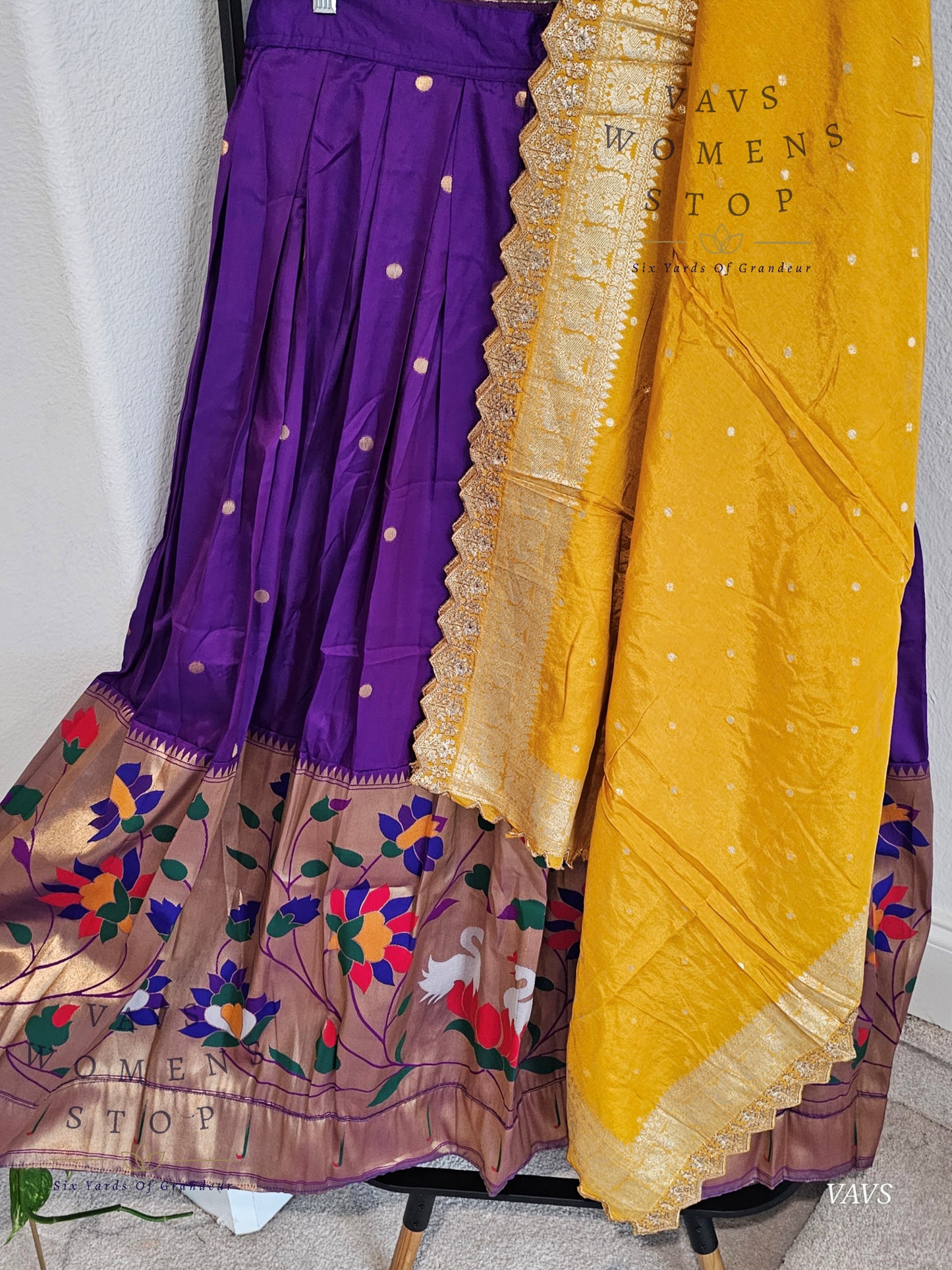 Purple Semi Benarasi Paithani Half Saree Lehenga Set Paired With Yellow Munga Silk Dupatta